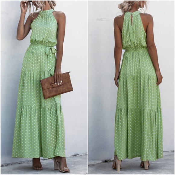 Boho Pastel Green Floral Print Halter Maxi Dress Ruffle - Picture 11 of 13